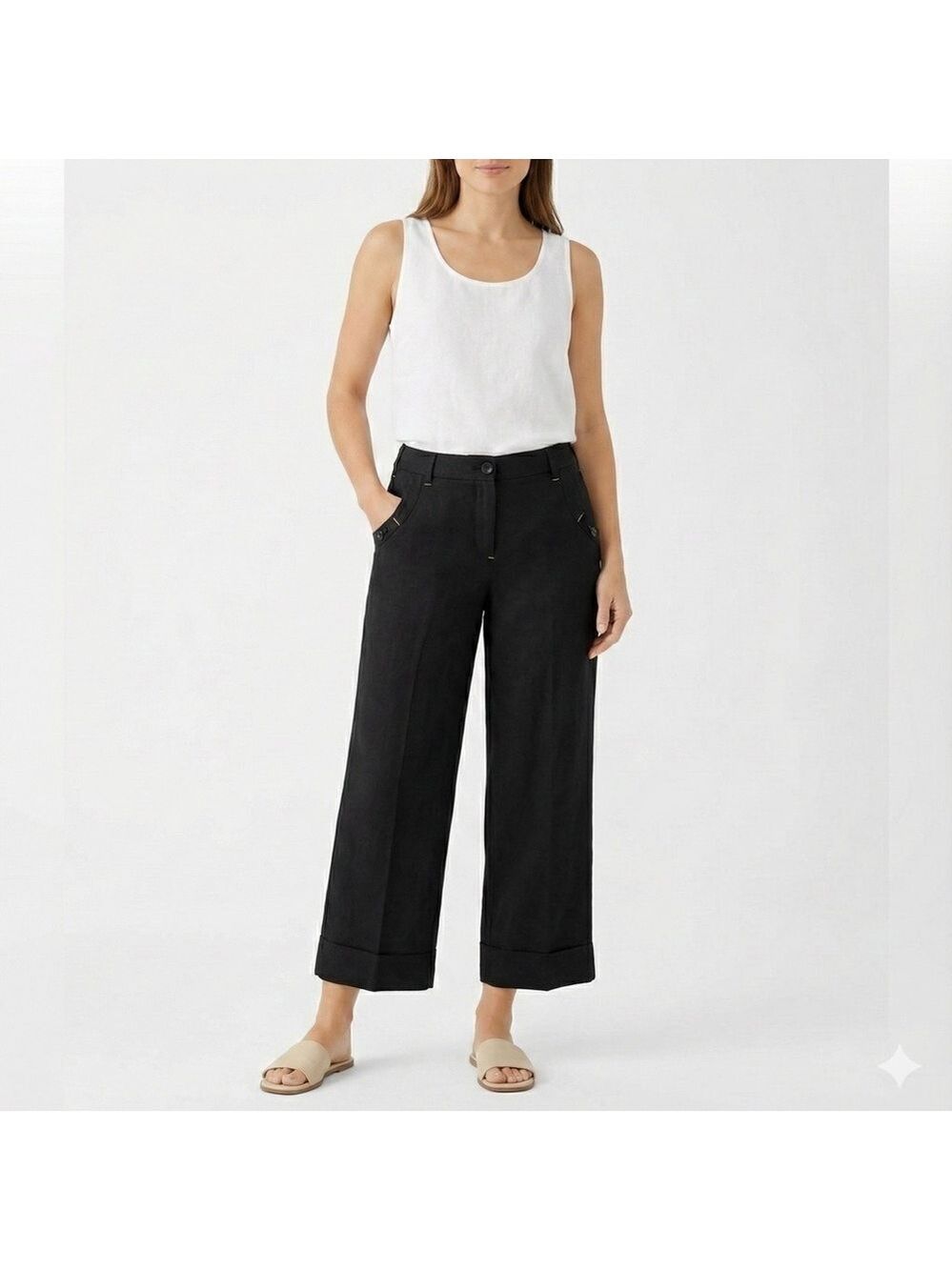 LARRY LEVINE Linen Rayon Blend Wide Leg Cuffed Capris Cropped Trousers Sz 14